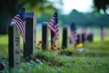 Cemetery National. War Veterans Graveyard with Military Flags. Memorial Tribute