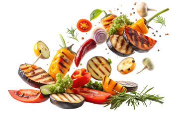 grilled vegetables falling isolated on white background