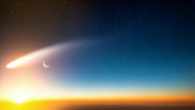 Brilliant comet streaking across a vibrant starry sky with moon, mountains, and rising sun on the horizon, casting a soft golden light.