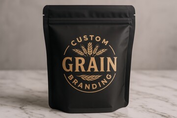 Custom branding packaging for grain product displayed on a marble surface in a well-lit environment