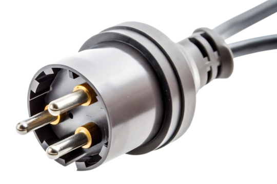 Industrial three pin connector plug isolated on a white background