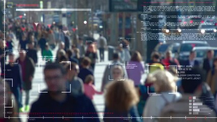A city street scene overlaid with digital tracking and analysis of people. - Powered by Adobe