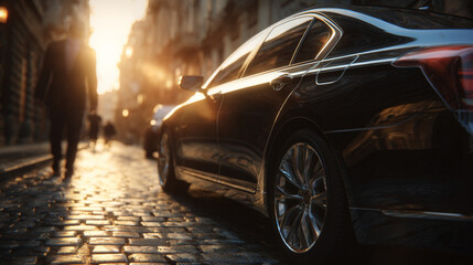 Luxury Car in Golden Hour Cityscape: Urban Elegance
