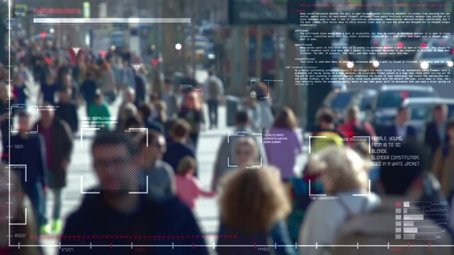 A city street scene overlaid with digital tracking and analysis of people.