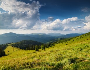 Obraz premium majestic rural grassland in the carpathian mountains ukraine summer hill under the beautiful sky with clouds