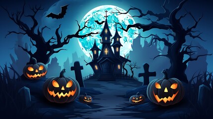 Halloween haunted house spooky night pumpkins bats full moon creepy trees graveyard vector illustration