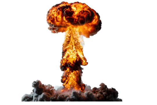 Fiery nuclear explosion mushroom cloud isolated on transparent background