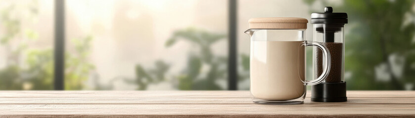 Steaming coffee cup with milk and French press on wooden table in bright natural light, cozy morning atmosphere