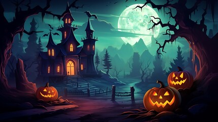 Halloween haunted house spooky night background with pumpkins and full moon for october holiday season