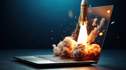 illustration of a rocket flying from the laptop screen