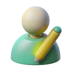 A pastelcolored 3d figure holds a yellow pencil, isolated on white background