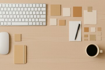Flat lay workspace with keyboard, coffee and color swatches
