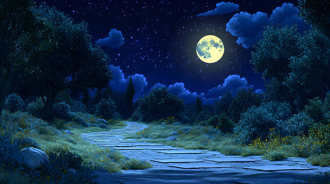 A luminous full moon casts a serene blue moonlight over the dark night sea with scattered clouds and distant stars
