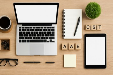 Organized modern workspace with laptop, tablet, and office supplies
