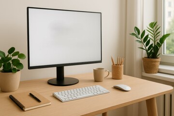 Minimalist home office desk with monitor and plants
