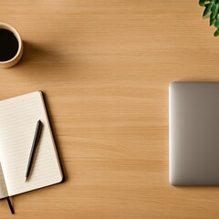Minimal desk flat lay with notebook, coffee, and laptop
