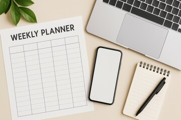 Modern workspace with weekly planner and laptop
