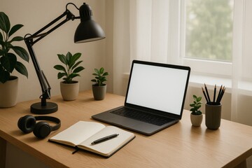 Cozy home workspace with laptop, notebook and desk lamp
