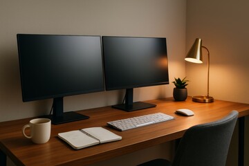 Modern workspace with dual monitors and desk lamp

