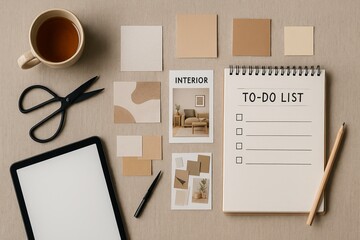 Creative workspace with to-do list and interior mood board
