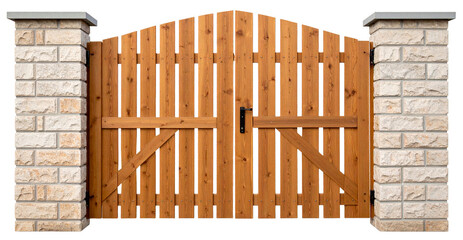 brown wooden gate fence with brick wall border isolated on white