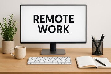 Remote work desk setup with monitor and notebook
