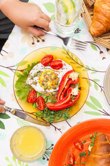 Brunch, Breakfast, Croissant, Avocado Toast, Poached Egg, Ham, Eggs Benedict, Croissant Sandwich, Baked Goods, Breakfast Table, Brunch Table, Breakfast Pastries, Toast, Cherry Tomatoes, Arugula, Crisp