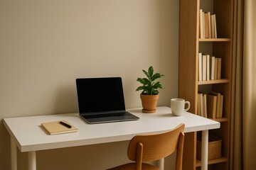 Minimal home office with laptop and bookshelf
