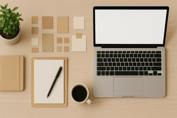 Creative home office desk with laptop and color swatches
