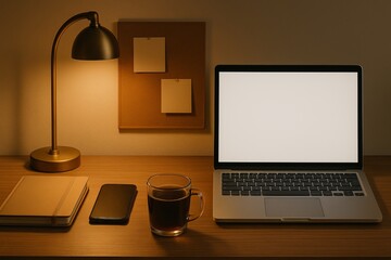 Evening home office with laptop and warm lighting
