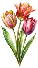 Fototapeta premium Elegant Watercolor Painting of Three Tulips with Varying Colors and Green Leaves