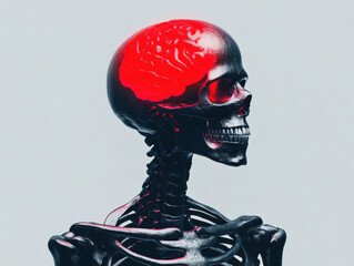 Human skeleton with highlighted red brain in skull, medical concept showing anatomy and nervous system in dramatic style