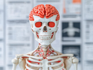 Human skeleton model with visible brain and muscles in medical setting showing detailed anatomy and structure clearly