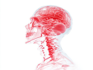 Transparent red human skull and brain anatomy with cervical spine visible side view, showing detailed nervous system structure