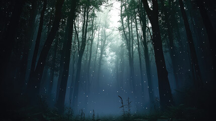 Misty forest tall tree deep woods gloomy mysterious dark nature foggy atmosphere tranquil