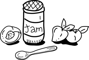 Hand-drawn peaches and jam vector doodles. Peaches, jam, and a spoon. Cute and sweet.