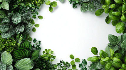 Lush Greenery Frame: Natural Green Leaves Border on White Background