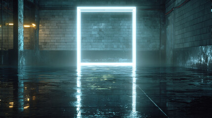 Glowing Neon Square Frame in Dark Urban Setting: Cyberpunk Background