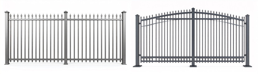 flat and arch wrought iron fences in grey color isolated on white