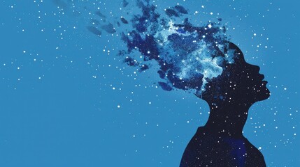 Human head silhouette filled with colorful galaxy nebula and bright stars on blue surreal cosmic space background