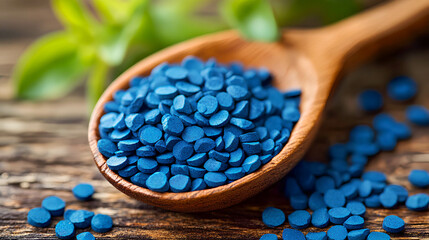 Bright blue seeds arranged on a wooden spoon surrounded by greenery, showcasing the vibrant color and texture at a close distance in natural light