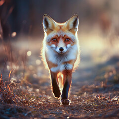 Red fox walking through a sunlit forest path at golden hour in early autumn, displaying vibrant fur and keen expression, creating a captivating wildlife moment