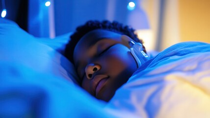 Peaceful Night, Overweight African Teen Boy Sleeping Soundly with CPAP Mask in Soft Blue Light, Highlighting Comfort and Medical Technology for Sleep Apnea Relief