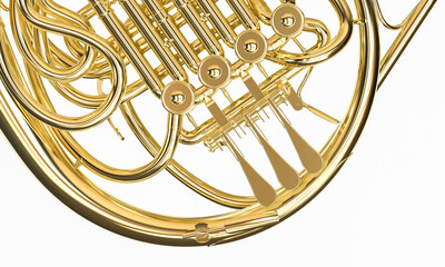 Golden brass french horn white background 3d