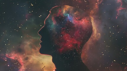 Human head silhouette filled with colorful galaxy nebula and bright stars on surreal cosmic space background