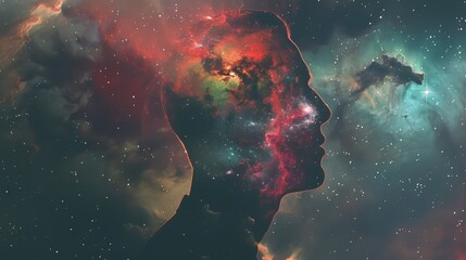 Human head silhouette filled with colorful galaxy nebula and bright stars on surreal cosmic space background