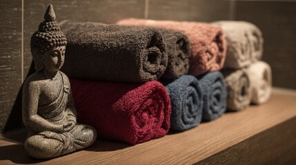 Rolled Towels and Buddha Statue in a Relaxing Spa-Style Setting