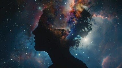 Human head silhouette filled with colorful galaxy nebula and bright stars on surreal cosmic space background