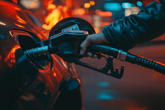 Nighttime car refueling hand holding fuel nozzle gas station lights