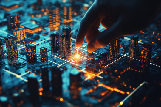 Hand interacting with a glowing city model network infrastructure digital technology